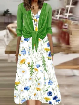 Kadınlar Casual Çiçek Baskı Sling Kolsuz V Yaka Elbise + Katı Uzun Kollu Hırka Ceket 2 Parça Set Retro Bayanlar Gevşek Takım Elbise 2