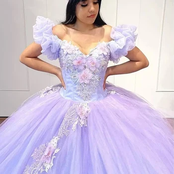 Açık Mor Quinceanera Elbiseler Tatlı 16 Kız Aplikler Prenses balo elbisesi vestidos de quinceaneras Custom Made 2