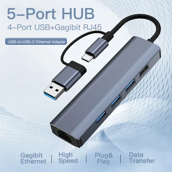 Tebe USB-A + USB-C Hub Adaptörü Tip-C Gigabit RJ45 Ethernet USB 3.0 Splitter için Macbook iPad Samsung Xiaomi 5-Port USB Hub 2