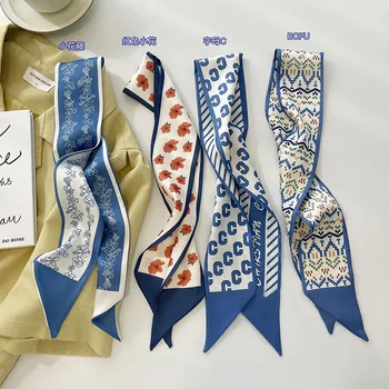 Moda Mavi Küçük Sıska ipek eşarp Kadın İlkbahar Yaz Şeritler Kıllar için Moda Bayan Kravat Çanta Kafa Bandı Dekorasyon Boyun Eşarp 2