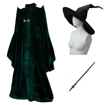 Profesör Minerva McGonagall Cosplay Kostüm Kıyafetler Robe Cloak Elbise + Şapka + Kamışı Cadılar Bayramı Kostümleri Tam Set 2