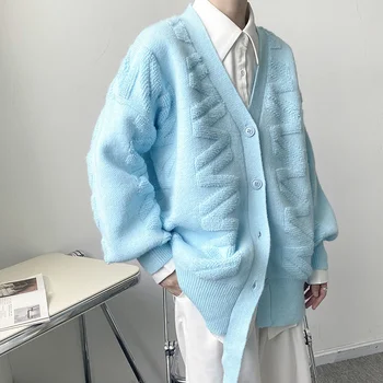 Erkek Büyük Boy Mavi Hırka Kazak Kore Trend Tasarım Asimetrik Havlu Nakış Gevşek Tek Göğüslü V Yaka Kazak 2