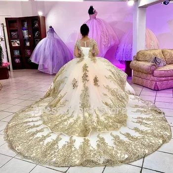 Uzun Kollu şampanya altın Quinceanera elbise Balo Kız Prenses Saten Balo Masquerade Tatlı 16 Elbiseler ıçin 15 yıl 2