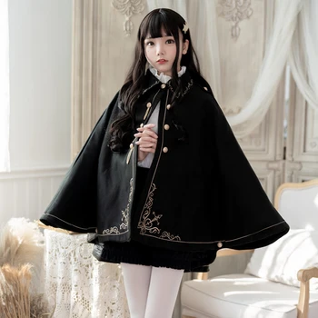 Japon animesi Kız Sonbahar / kış Serin Gece Earl Yakışıklı İşlemeli Kırlangıç Pelerin Kalınlaşmış Ceket Lolita Pelerin Loli Üst 2