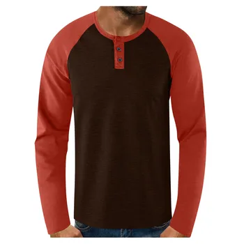 Erkek Sonbahar tişört İnce Rahat O Boyun Düğmesi Patchwork uzun kollu tişört Üst Rahat Streetwear Bluz мужская рубазка 2