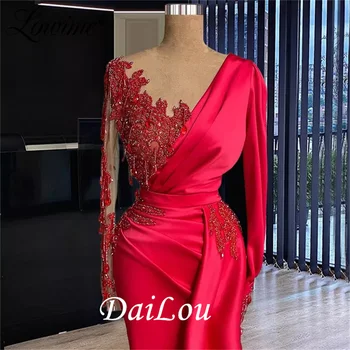 Zarif Kırmızı Dubai Akşam Elbise Kadınlar için Düğün Parti Törenlerinde Uzun Kollu V Yaka Boncuklu Overskirt Örgün balo kıyafetleri 2021 2
