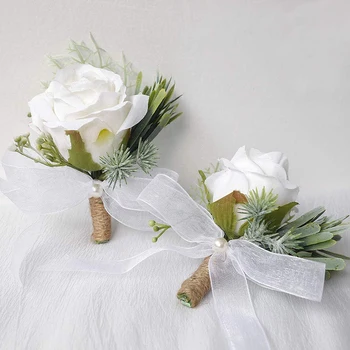 Gül Bilek Korsaj Bileklik Band Bilezik Ve Erkekler Yaka Çiceği Seti Düğün Çiçekleri Aksesuarları Balo Elbise Süslemeleri Beyaz 2