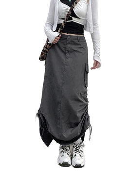 Kadınlar Uzun Kargo Etekler Cepler İpli Büzgülü Baggy Etek Y2K Vintage Streetwear 2