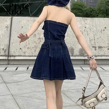PixieKiki Retro Denim Kuşaklı Backless Halter Mini Elbise Harajuku Streetwear Y2k yaz giysileri Sevimli Seksi Pilili Elbise P77-EI42 2