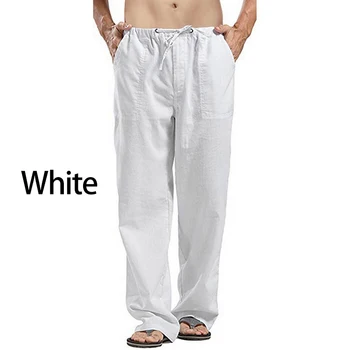 Erkekler Pamuk Keten Gevşek pantolon Elastik Bel Pantolon Büyük Boy düz pantolon Moda Rahat streetwear 2
