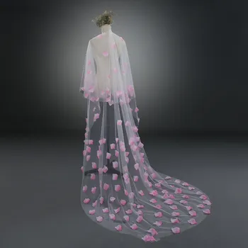 JaneVini Romantik Beyaz Katedrali Uzun Düğün Veils Sevimli Kenar 3D Çiçekler Yumuşak Tül Gelin Veils Chic Kadınlar Düğün Aksesuarları 2