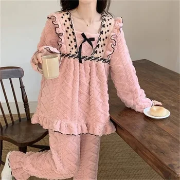 2023 Yeni Sonbahar ve Kış Mercan Kadife Pijama kadın Setleri Kalınlaşmak Peluş Karikatür Pazen Ev Giyim Takım Elbise İki Parça Takım Elbise Öğrenci 2