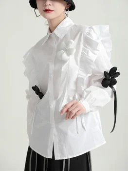 [EAM] Kadın Beyaz Çiçek Büyük Boy Casual Bluz Yeni Yaka Uzun 2023 1DE6162 Gevşek Fit Gömlek Moda Gelgit Bahar, Sonbahar Kol  2