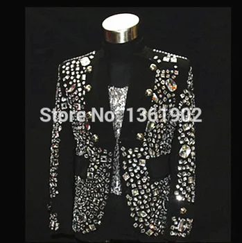 Artı boyutu Custom made siyah Kristal ceket erkek şarkıcı dansçı performans taşlar giyim kostüm taklidi ceket kıyafet 2