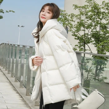 Kış Yeni Stil Kirpi Ceketler Kadın Beyaz Fermuar Uzun aşağı ceket Kadın Kore Gevşek Kapşonlu Kabarcık Mont Kadın 2