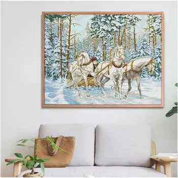 Arabası kar Çapraz dikiş kiti Üç beyaz at hayvanlar Desen 14ct11ct sayısı Baskılı tuval nakış seti DIY el sanatları 2