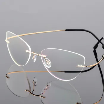 Kedi Gözü Tarzı Ultra hafif Bellek Titanyum Alaşımlı Kablolu Çerçevesiz Miyopi Gözlük Optik Gözlük Çerçevesi Erkek Kadın Gözlük 2