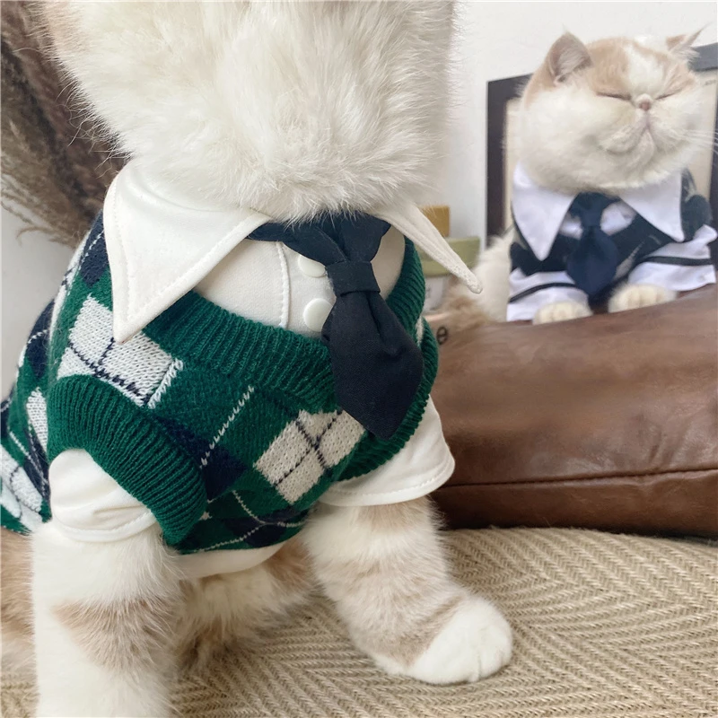 Kolej Tarzı Pet JK Gömlek papyon Kedi Yaka Okul Rozeti Broş Kedi Bichon Oyuncak Giyim Aksesuarları Yavru Aksesuarları Görüntü 3
