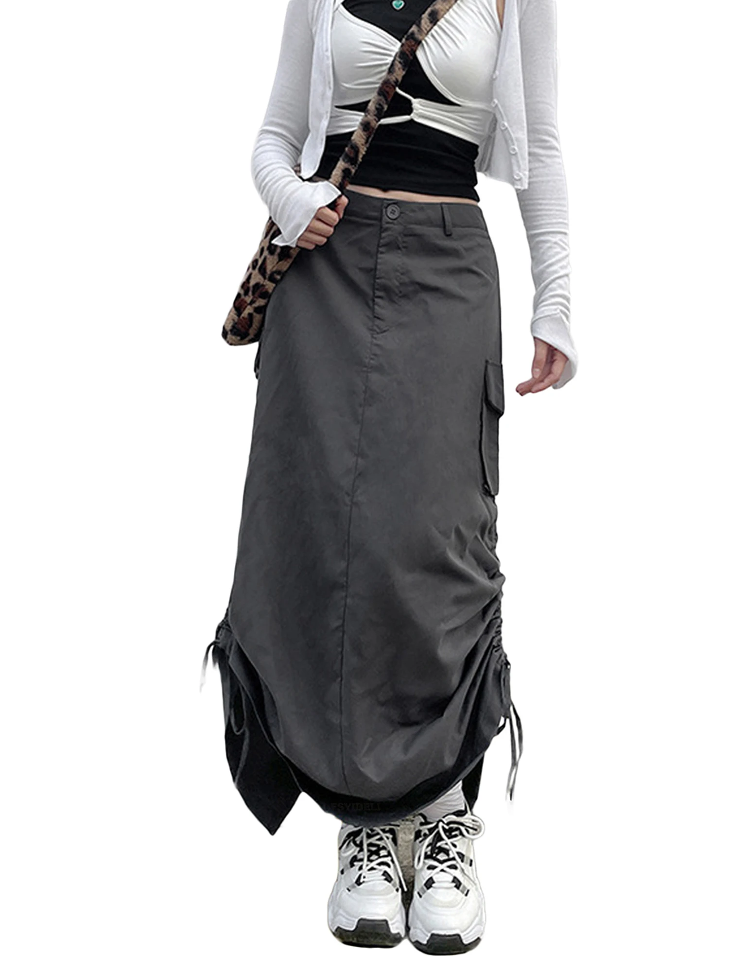 Kadınlar Uzun Kargo Etekler Cepler İpli Büzgülü Baggy Etek Y2K Vintage Streetwear Görüntü 1