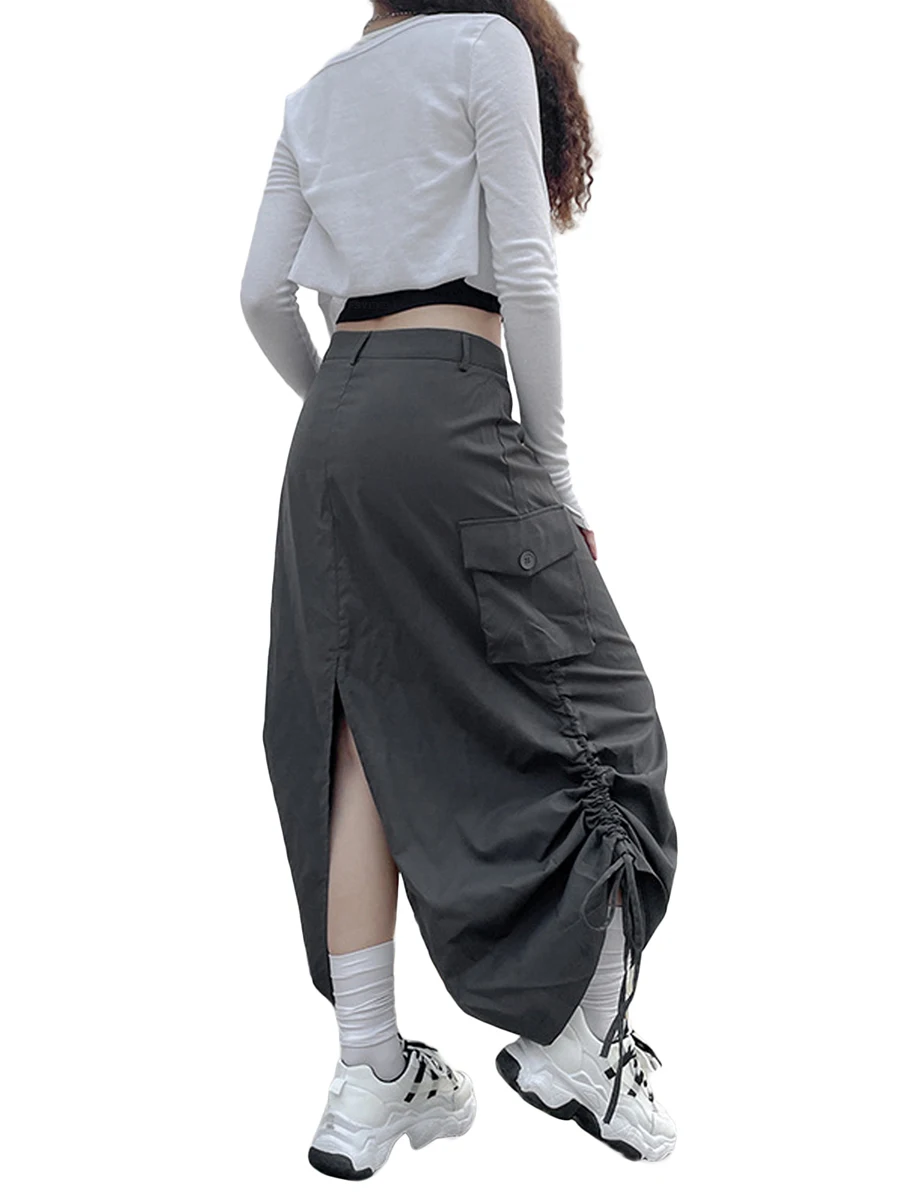 Kadınlar Uzun Kargo Etekler Cepler İpli Büzgülü Baggy Etek Y2K Vintage Streetwear Görüntü 2