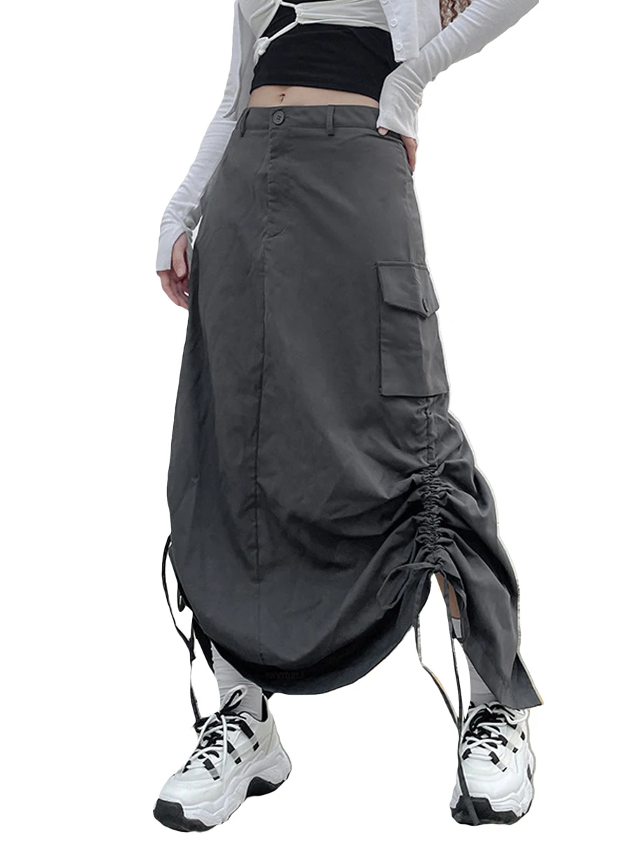 Kadınlar Uzun Kargo Etekler Cepler İpli Büzgülü Baggy Etek Y2K Vintage Streetwear Görüntü 3