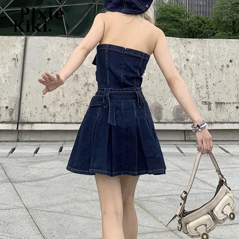 PixieKiki Retro Denim Kuşaklı Backless Halter Mini Elbise Harajuku Streetwear Y2k yaz giysileri Sevimli Seksi Pilili Elbise P77-EI42 Görüntü 1