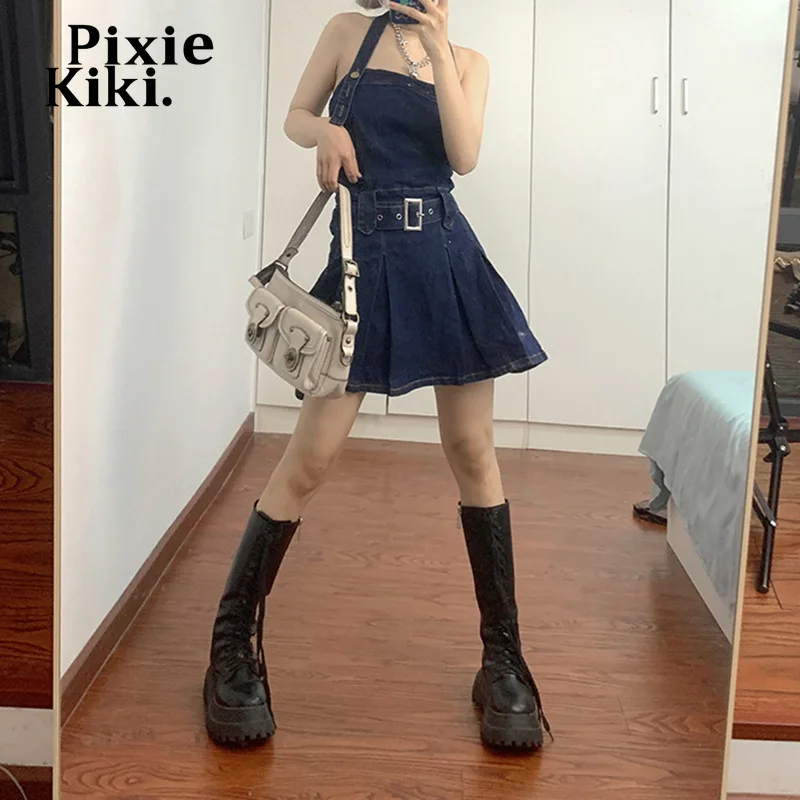 PixieKiki Retro Denim Kuşaklı Backless Halter Mini Elbise Harajuku Streetwear Y2k yaz giysileri Sevimli Seksi Pilili Elbise P77-EI42 Görüntü 3