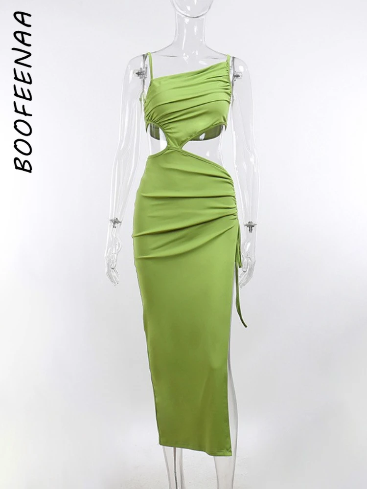 BOOFEENAA Tatil Cut Out Bir Omuz Yüksek Yarık Maxi Elbiseler 2022 yaz giysileri Kadınlar için Seksi Plaj Parti Kıyafetleri C76-DG34 Görüntü 5