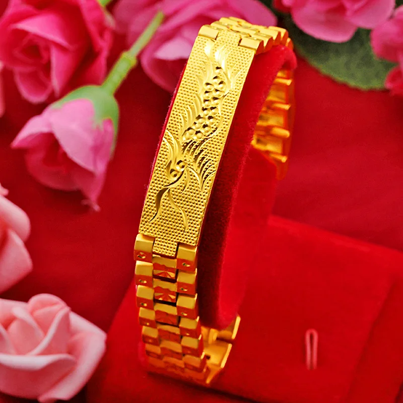 HOYON 18K saf altın renk ejderha ve phoenix araba çiçek altın bilezik çiftler düğün takısı izle zincir kutusu hediye Görüntü 1