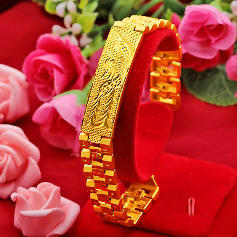 HOYON 18K saf altın renk ejderha ve phoenix araba çiçek altın bilezik çiftler düğün takısı izle zincir kutusu hediye Görüntü 3