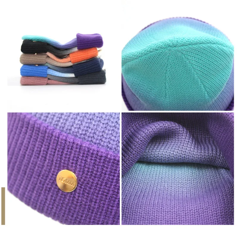 Kadınlar İçin boneler Degrade Renk Doku Küçük Etiket Örme Şapka 2022 Sonbahar Ve Kış Yeni Kubbe Ins Sıcak Yün Kravat boya Bere Görüntü 2