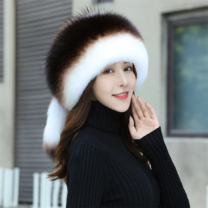 Kadın Tilki Kürk Şapka 2022 Yeni Tilki Kürk Rüzgar Geçirmez Sıcak Earmuffs Kış Şapka kadın Kürk Şapka Rus Şapka Görüntü 3