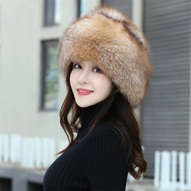 Kadın Tilki Kürk Şapka 2022 Yeni Tilki Kürk Rüzgar Geçirmez Sıcak Earmuffs Kış Şapka kadın Kürk Şapka Rus Şapka Görüntü 4