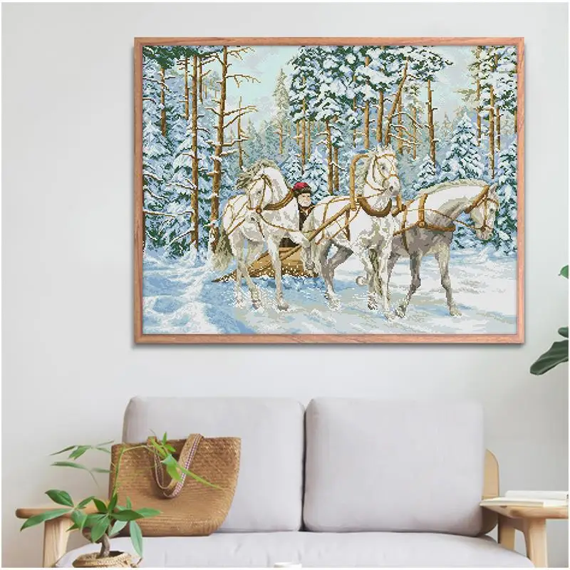 Arabası kar Çapraz dikiş kiti Üç beyaz at hayvanlar Desen 14ct11ct sayısı Baskılı tuval nakış seti DIY el sanatları Görüntü 1