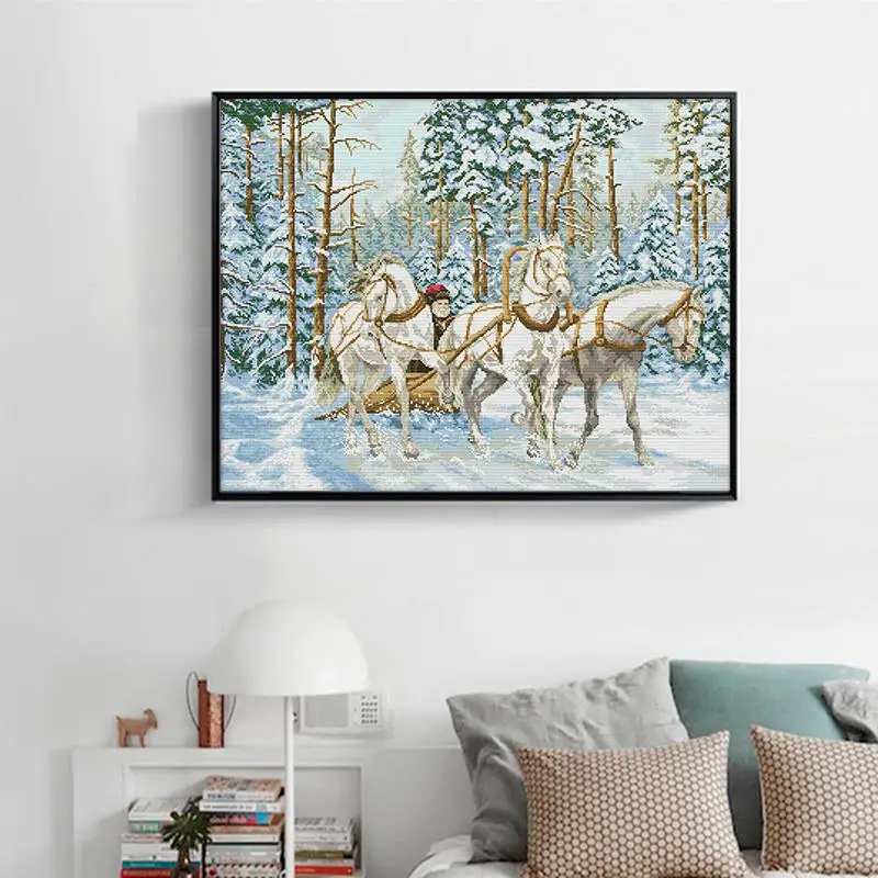 Arabası kar Çapraz dikiş kiti Üç beyaz at hayvanlar Desen 14ct11ct sayısı Baskılı tuval nakış seti DIY el sanatları Görüntü 2