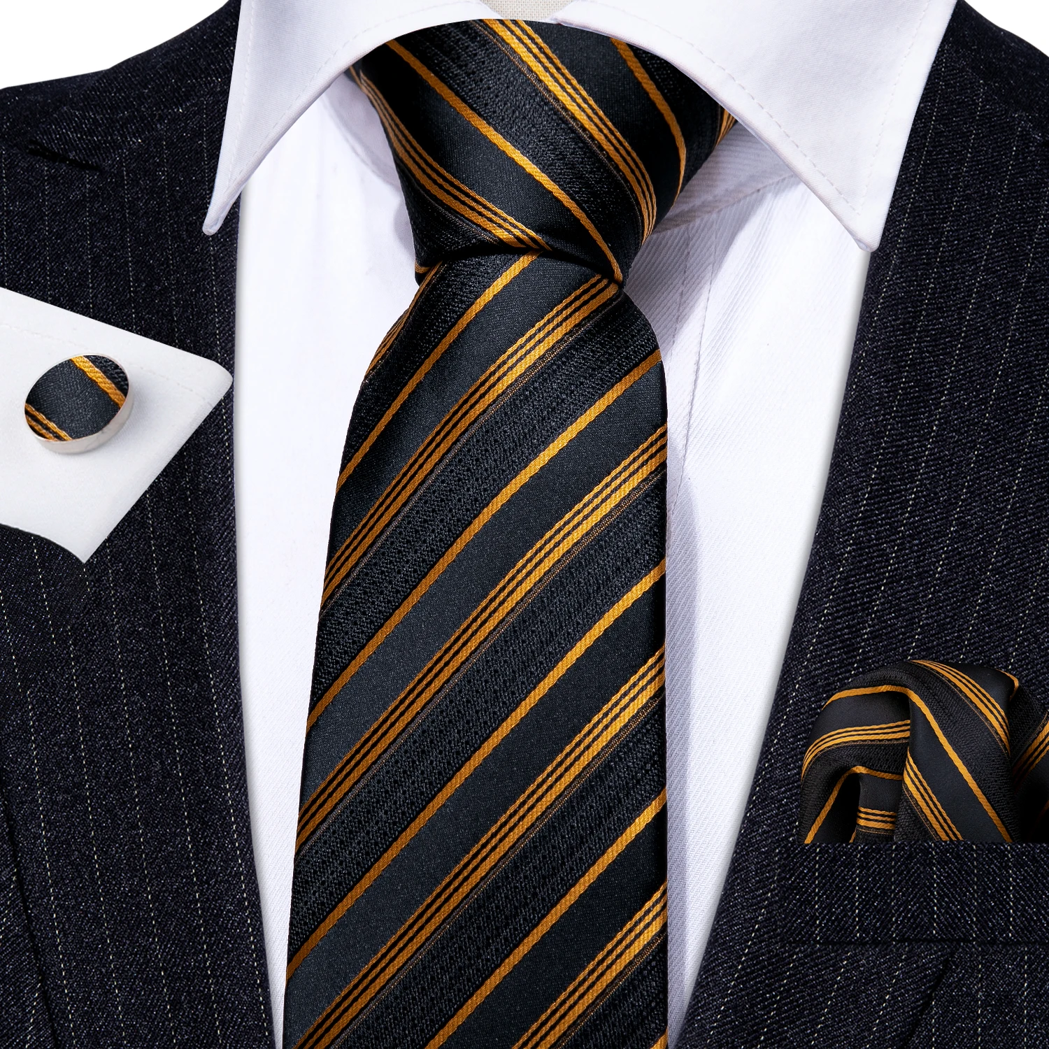 Moda Altın Çizgili Erkek Kravat Seti 8.5 cm İpek Jakarlı Kravatlar Düğün İş Mendil Kol Düğmesi Kravat Seti Barry.Wang FA-6020 Görüntü 2