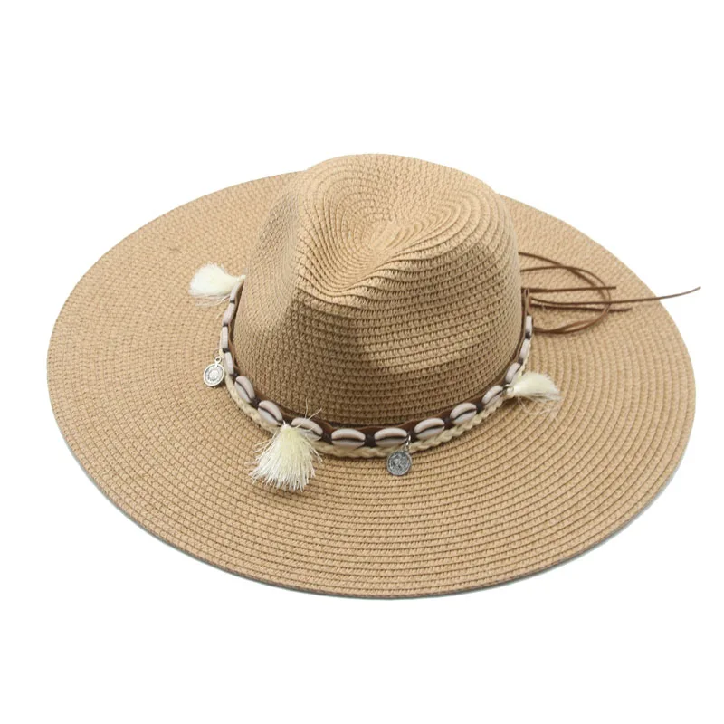 Panama şapkası Kadın Erkek bant kemer Batı Kovboy Hasır Şapkalar Büyük Ağız 11 cm Güneş Koruma Plaj Hasır Kadın Şapka Sombreros De Mujer Görüntü 1