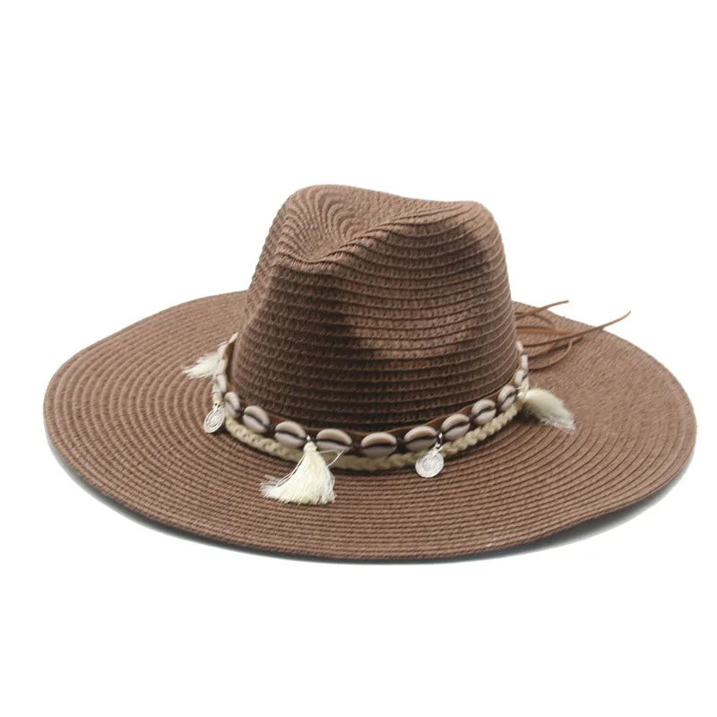 Panama şapkası Kadın Erkek bant kemer Batı Kovboy Hasır Şapkalar Büyük Ağız 11 cm Güneş Koruma Plaj Hasır Kadın Şapka Sombreros De Mujer Görüntü 3