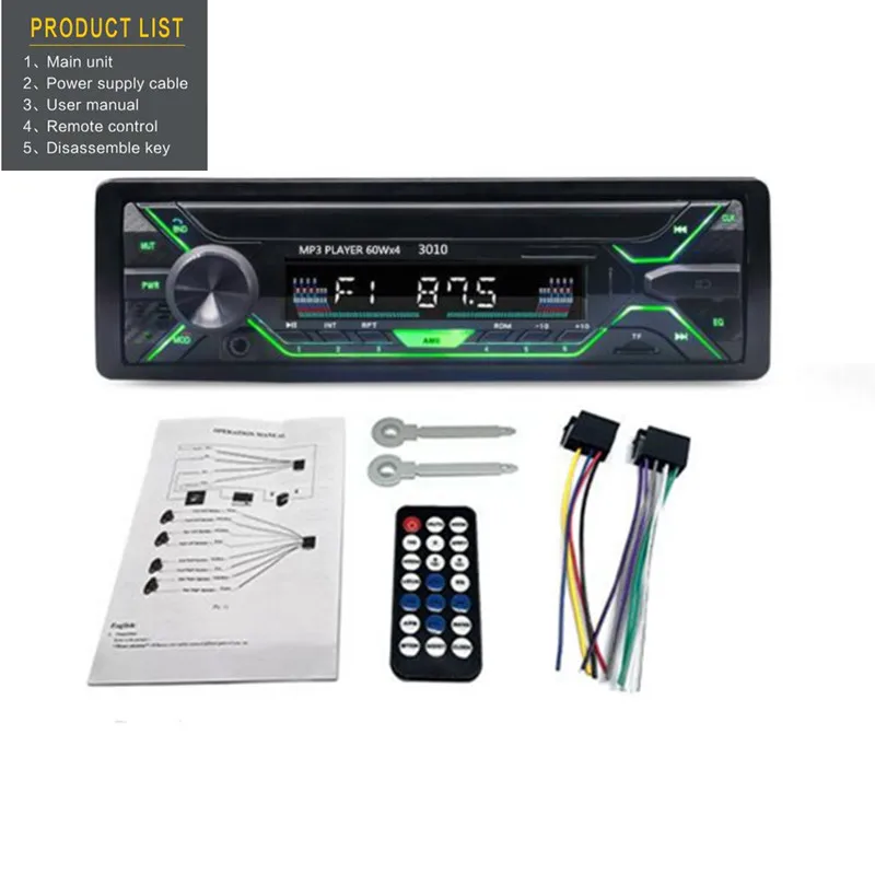 Araba Radyo Ses 1din Bluetooth Stereo MP3 Çalar FM Alıcı 1 DİN 12V 60wx4 renkli ışıklar İle AUX / USB / TF Kart Dash Kiti Görüntü 1