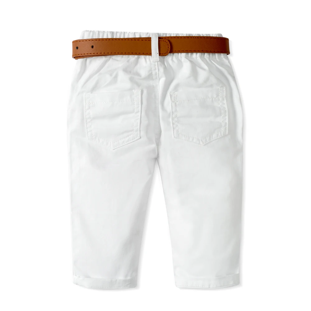 Moda Sonbahar Çocuk Giyim Ekose Üstleri + Beyaz Pantolon Kahverengi Kemer ile 3 ADET Kıyafetler Yeni Stil Erkek giyim setleri Görüntü 4