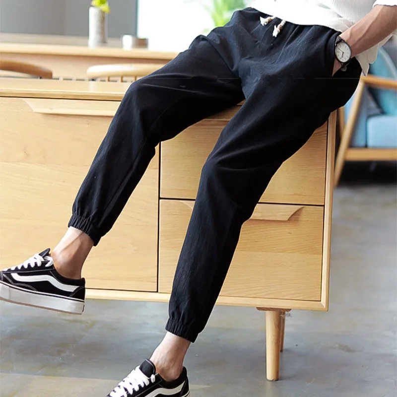 Pamuk Keten Joggers Siyah erkek harem pantolon Harajuku Spor Lace Up Bahar Erkek Pantolon 2020 Yaz Streetwear Giyim Erkek Görüntü 2