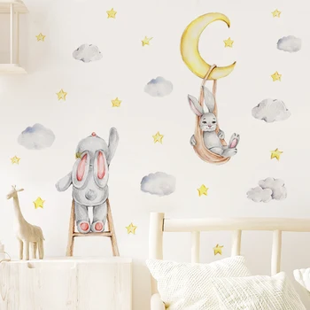 Karikatür Tavşan Ay Yıldız Bulutlar Suluboya duvar çıkartmaları Kreş Çıkarılabilir Duvar Çıkartmaları Baskı Çocuk Kız Odası İç Ev Dekor