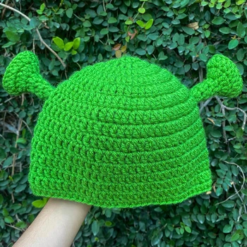 Yenilik Yün Canavar Shrek Şapka Yün Kış Örme Bere Kap Yeşil Parti Komik Skullies Bonnet Kadın Erkek Saf El Yapımı