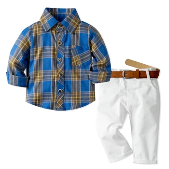 Moda Sonbahar Çocuk Giyim Ekose Üstleri + Beyaz Pantolon Kahverengi Kemer ile 3 ADET Kıyafetler Yeni Stil Erkek giyim setleri