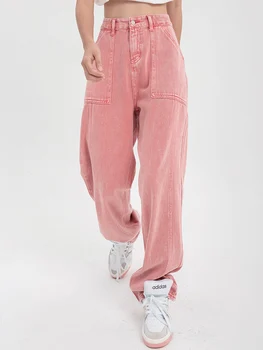 Mina Satın Komik Pembe Kot Kadın Kore Moda Y2K Baggy Boy Geniş Bacak Kot Pantolon Streetwear Gevşek Düz Bacak Pantolon
