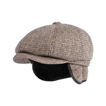 Orta Yaşlı Newsboy Şapka Erkek Kış Kalınlaşmış Earflap Sıcak Bere Kap Klasik Retro Yün Sekizgen Katı İngiliz Şapka