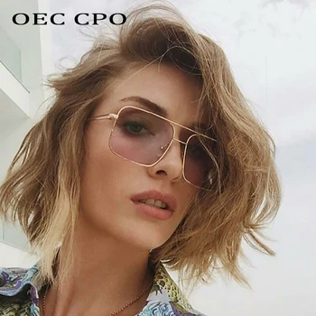 OEC CPO Vintage Kare Güneş Gözlüğü Kadın Erkek Marka Deasigner Metal Gözlük Erkekler Kahverengi Gri Seksi Óculos UV400 O138