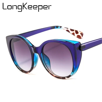 LongKeeper Lüks Kedi Göz Güneş Kadınlar 2021 Büyük Boy Degrade Gözlük Retro Mavi Leopar Tonları lunette de soleil femme