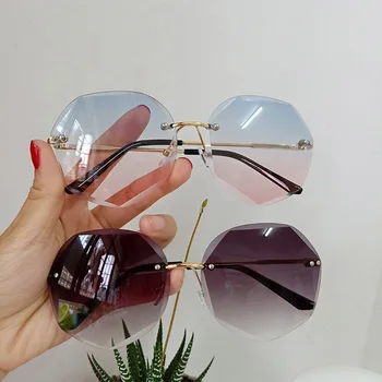Büyük boy Çerçevesiz Güneş Gözlüğü Moda Kadın Metal Degrade güneş gözlüğü Lüks Bayan Sunglass Gözlük UV400 Shades gafas de sol