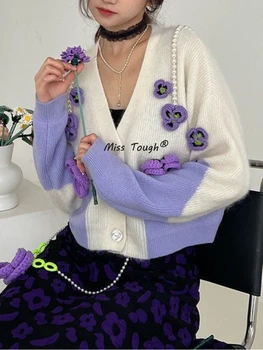 Sonbahar Kawaii Örme Hırka Kadınlar Casual Patchwork Çiçek Kazak Ceket Kadın Kore Moda Şık Sıcak Gevşek Kazak 2022
